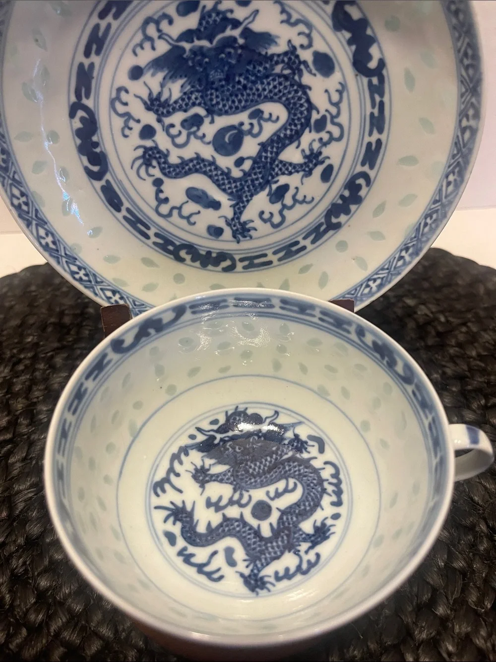 Vintage linglong Blue Dragon Porcelain Teacup & Saucer Set